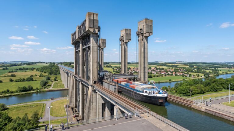 Um elevador de barcos sobe a encosta sem eclusas comuns: grandes tanques equilibrados carregam embarcações entre canais na Bélgica