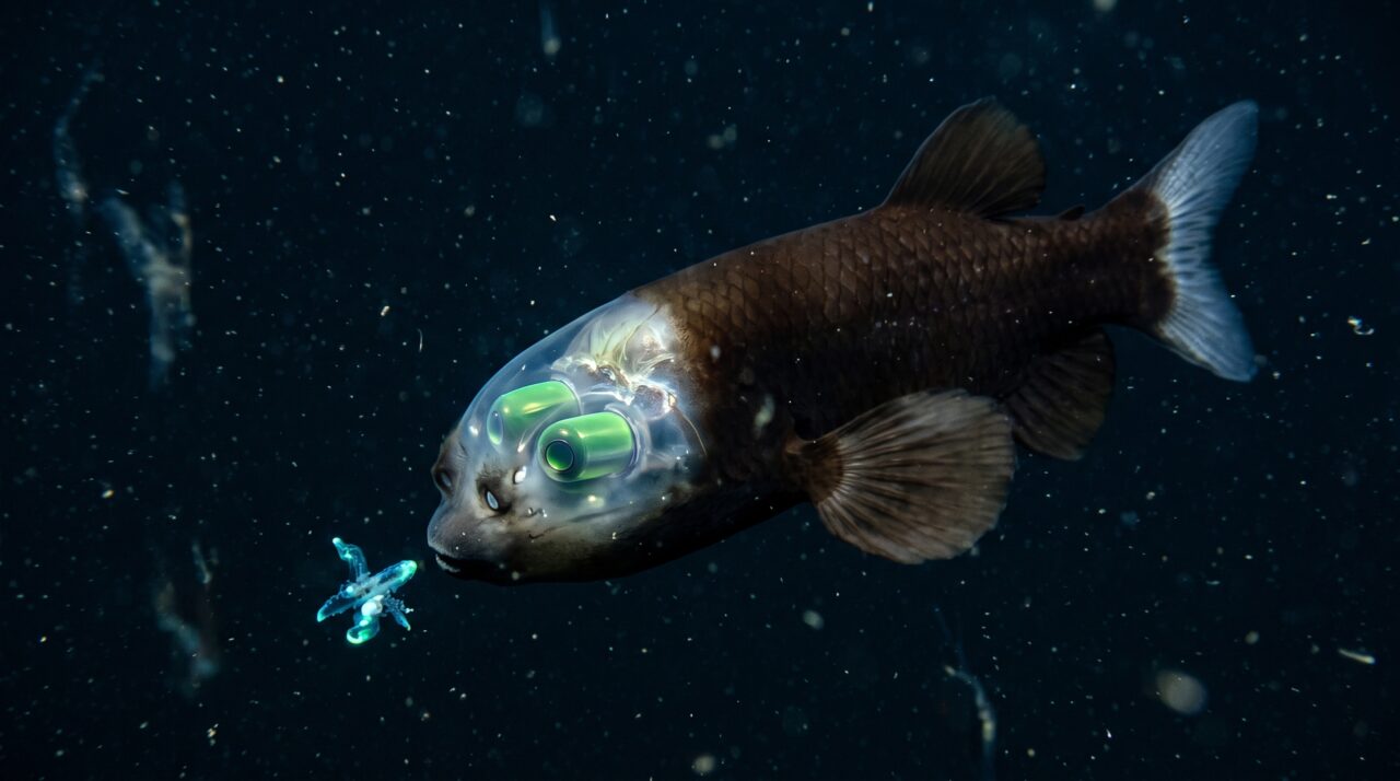 Os olhos verdes deste peixe apontam para cima dentro de uma cabeça transparente e conseguem girar quando ele encontra comida