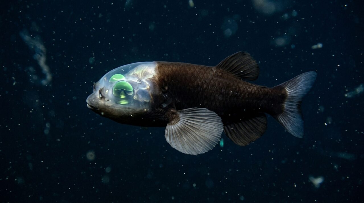 O peixe das profundezas com a cabeça transparente e olhos visíveis adaptados para viver onde quase não existe luz