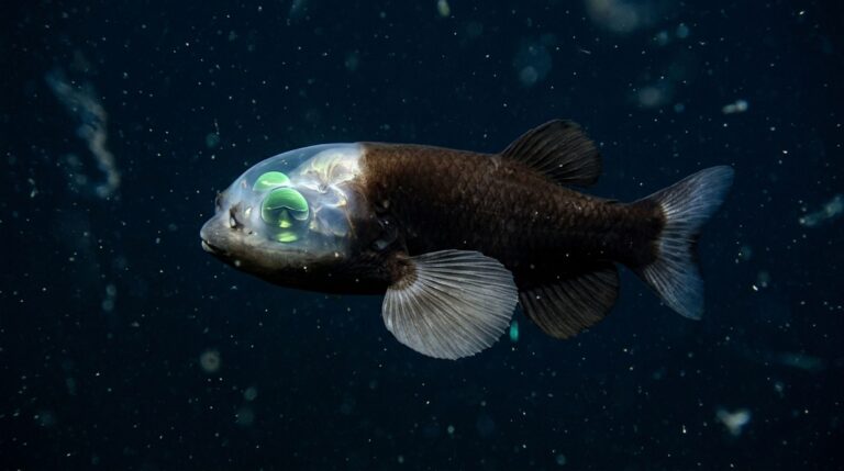 O peixe olhos-de-barril possui uma cúpula transparente que protege seus olhos verdes especializados para enxergar na zona crepuscular
