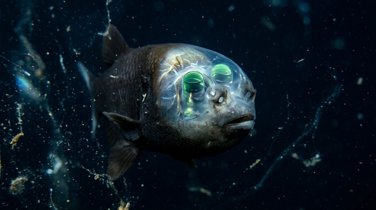 Um peixe transparente parece carregar os próprios olhos dentro de uma bolha: cabeça revela estruturas que giram para procurar comida