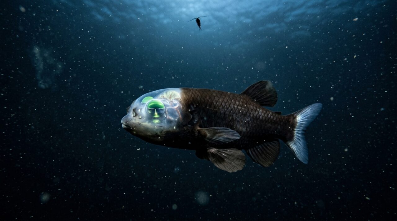 Um peixe transparente parece carregar os próprios olhos dentro de uma bolha: cabeça revela estruturas que giram para procurar comida