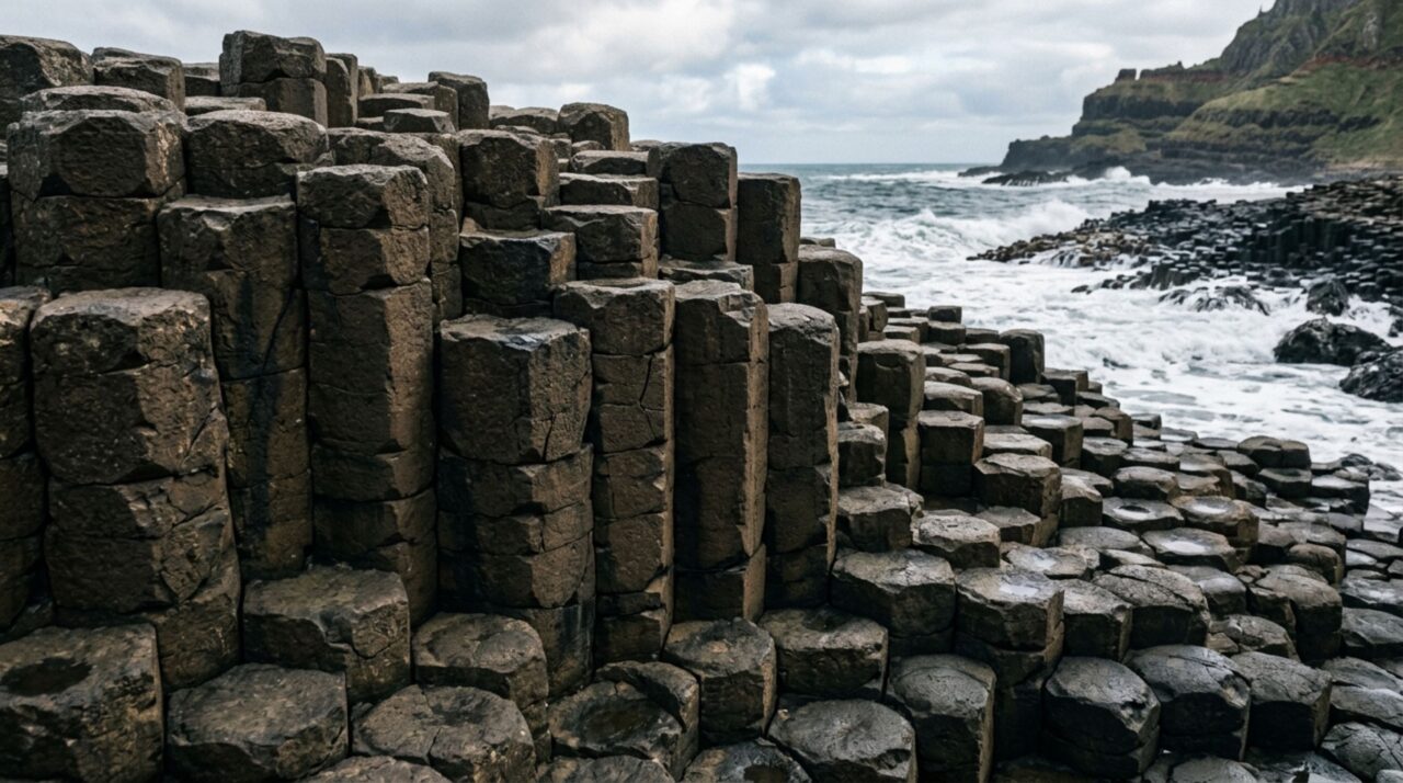 Na Giant's Causeway, a contração térmica abriu fraturas poligonais que avançaram pela lava em resfriamento e dividiram o basalto em milhares de pilares