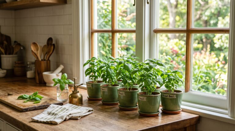 O lugar certo na bancada da cozinha para cultivar manjericão, espantar insetos e manter o vaso viçoso