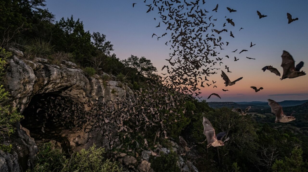 Os morcegos deixam a caverna em um fluxo contínuo que pode durar horas antes de se espalharem pelo céu em busca de insetos