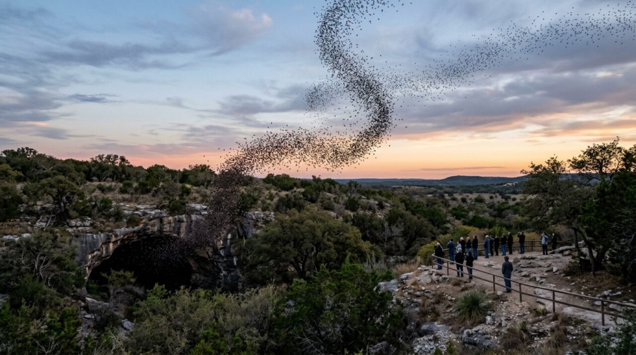 A caverna onde milhões de morcegos saem ao mesmo tempo todas as tardes e formam uma coluna visível a quilômetros de distância