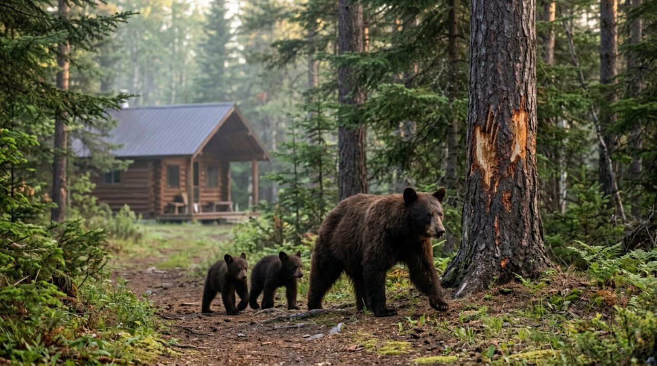 Morando numa cabana próxima à floresta, fotógrafo passa três meses encontrando marcas de garras no mesmo pinheiro, até uma manhã ver uma ursa com dois filhotes usando a árvore enquanto atravessava o terreno