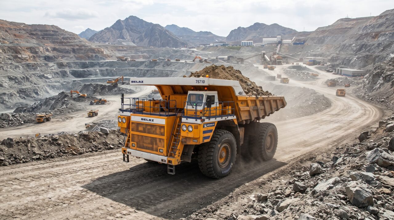 Equipado com dois motores V16 e pesando 810 toneladas, o maior caminhão basculante do mundo transporta impressionantes 450 toneladas de carga útil por viagem