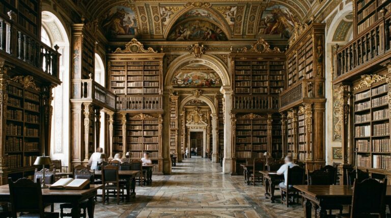 Interior barroco da Biblioteca Joanina com suas estantes históricas
