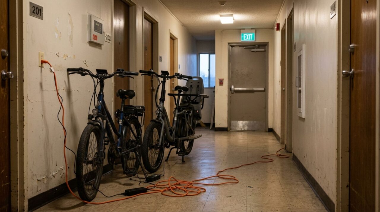 Família passa a carregar duas bicicletas elétricas na tomada do corredor durante a madrugada e vizinha reclama depois de encontrar extensões atravessando a passagem até a escada