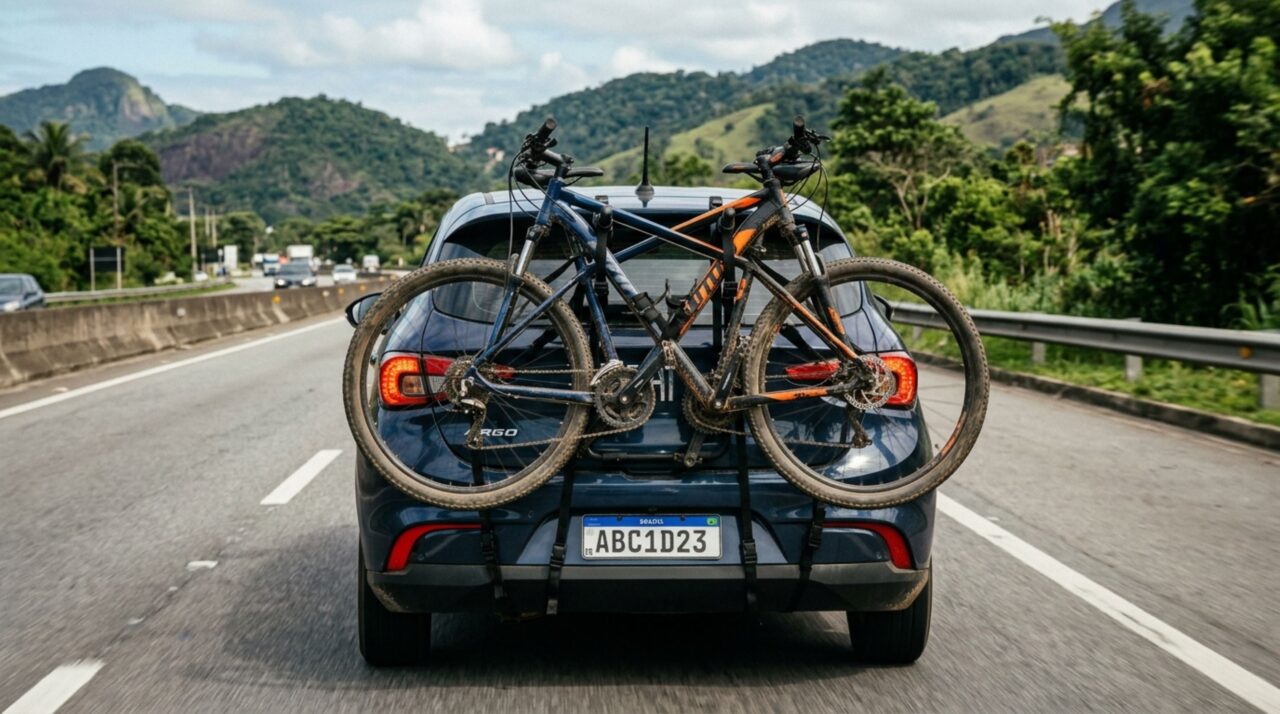 Condutor cobre parcialmente a placa com suporte de bicicleta e percebe que o acessório de viagem pode causar problema numa fiscalização