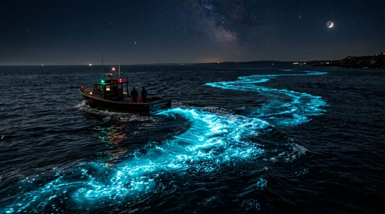 O movimento da água ativa flashes dos dinoflagelados e cria rastros luminosos visíveis na superfície do mar