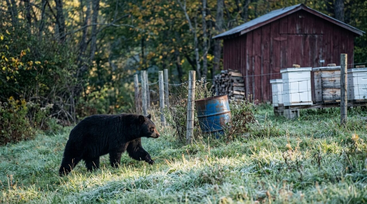 Depois de três semanas encontrando o mesmo urso-negro perto do galpão ao amanhecer, apicultor muda o horário das colmeias, até descobrir que o animal voltava por causa de um velho tambor com restos de cera esquecido atrás da cerca