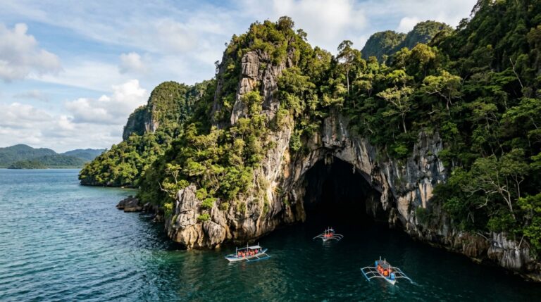 O rio subterrâneo de Puerto-Princesa atravessa o calcário antes de desembocar diretamente no mar