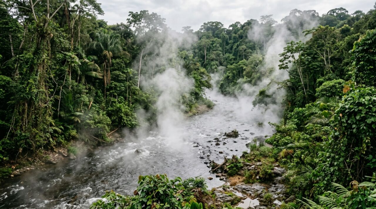 O rio que ferve naturalmente no meio da floresta e pode alcançar temperaturas altas o bastante para matar pequenos animais que caem na água