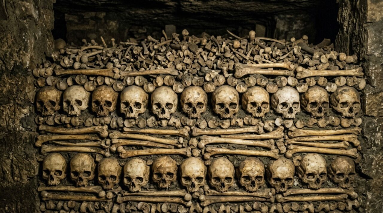 Nas Catacumbas de Paris, a organização monumental dos ossos criou paredes aparentes enquanto outros fragmentos permaneceram acumulados atrás delas