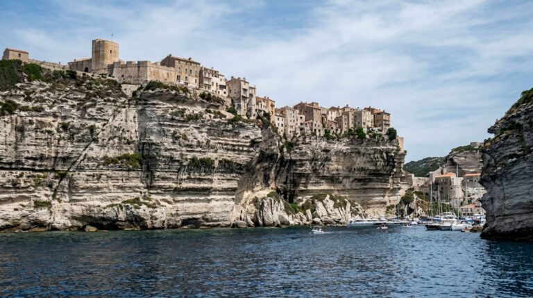 As casas históricas de Bonifacio ocupam o alto das falésias calcárias sobre o Mediterrâneo
