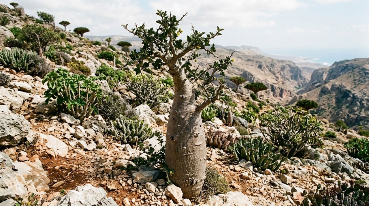 Plantas endêmicas desenvolveram formas especializadas para sobreviver aos ambientes secos de Socotra