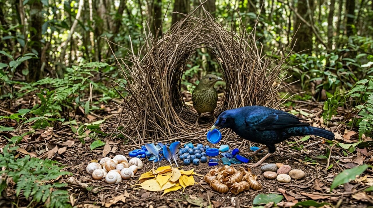 Macho organiza as decorações enquanto a fêmea avalia a arena de corte