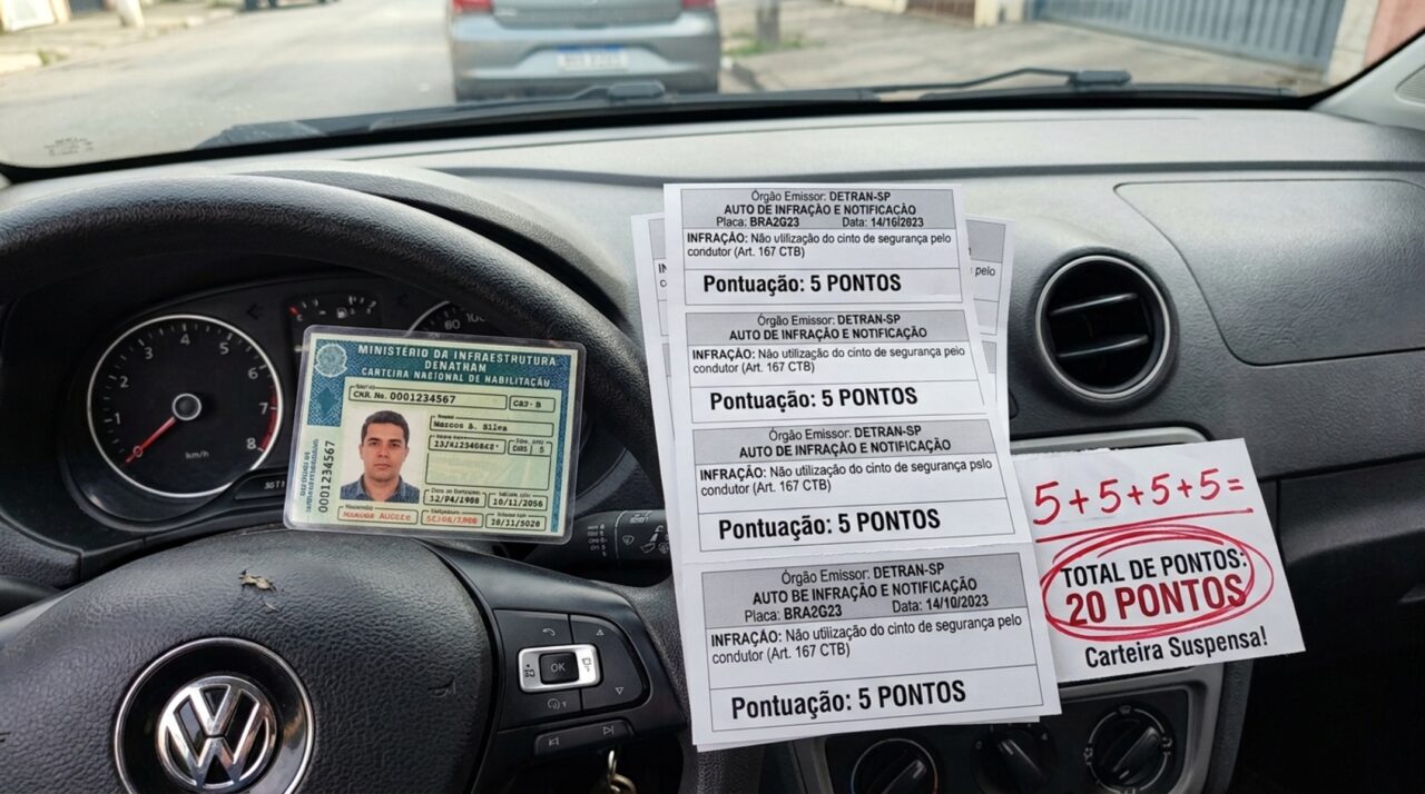 Dirigir sem cinto custa 5 pontos na CNH e multa de R$ 195,23, e quem soma 20 pontos em 12 meses pode ter a carteira suspensa: como a contagem funciona