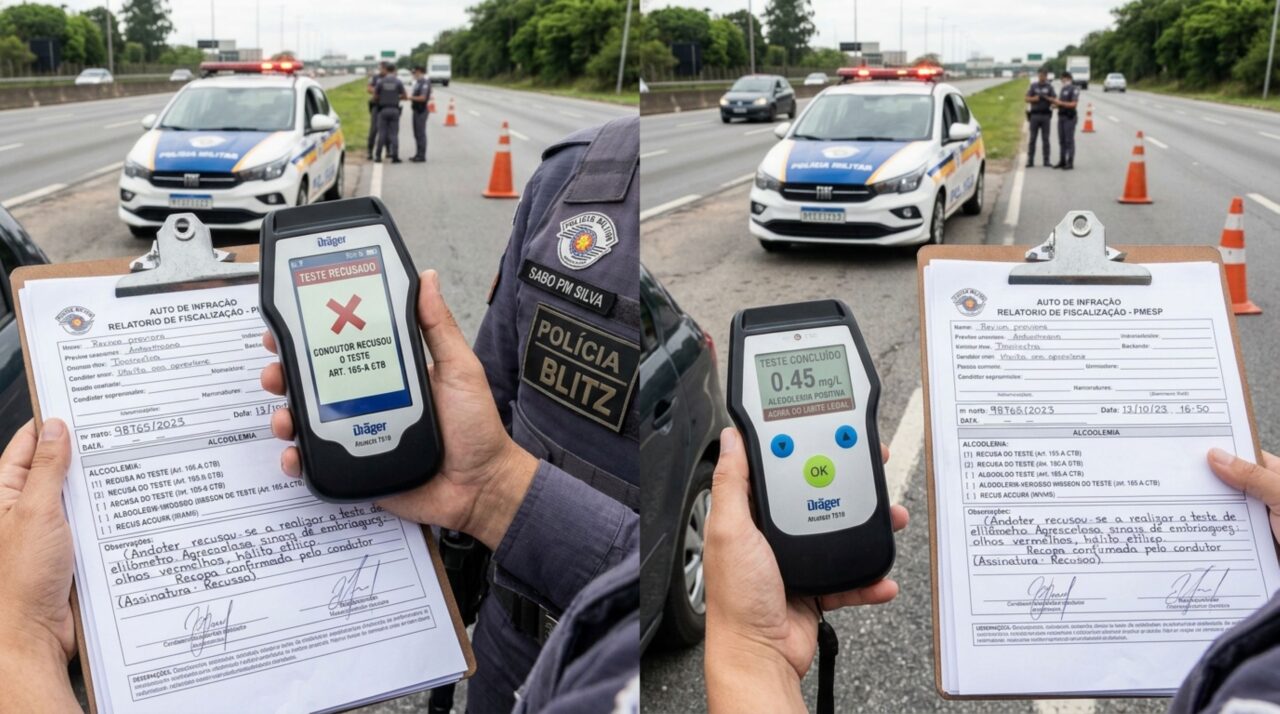 Motorista é parado em blitz e recusa o bafômetro, acredita que não fazer o teste evitaria a penalidade, fiscalização explica por que recusar o exame e testar positivo são situações diferentes no CTB
