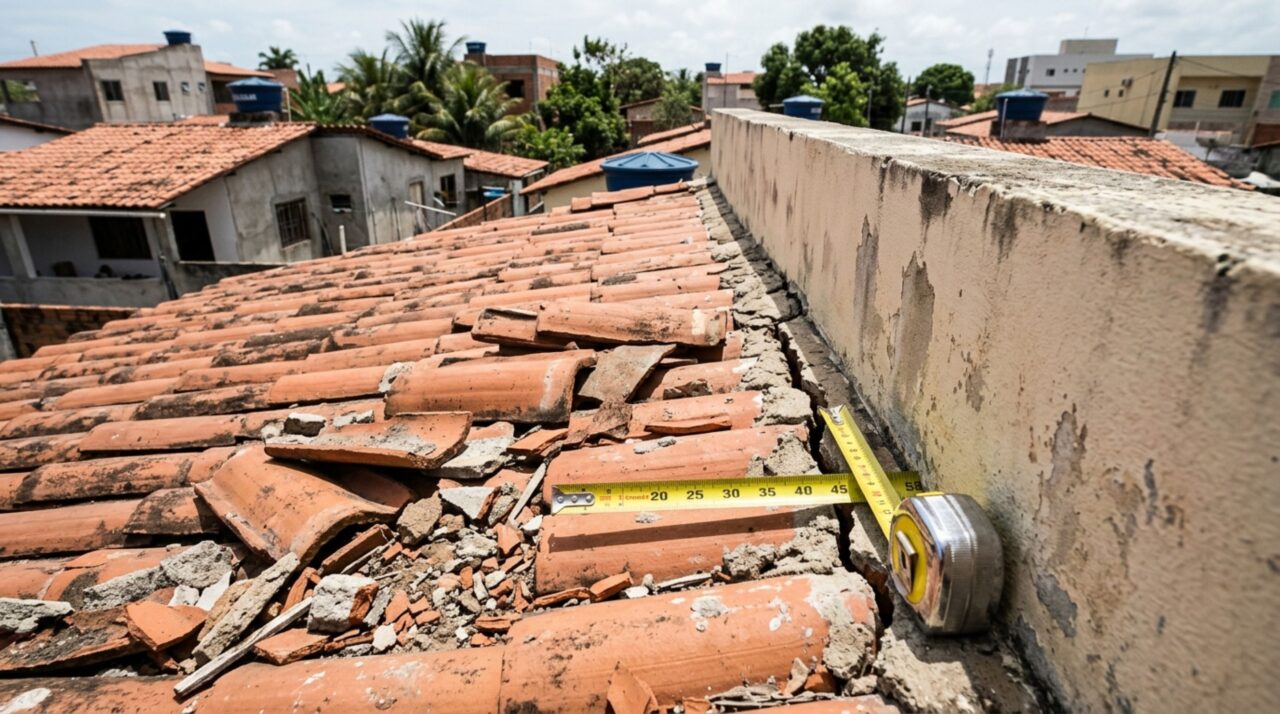 Construção de prédio residencial não segue os padrões de segurança e deixa detritos da obra caírem no telhado e quintal de casa ao lado, moradora pede indenização e reforma completa do telhado e muro