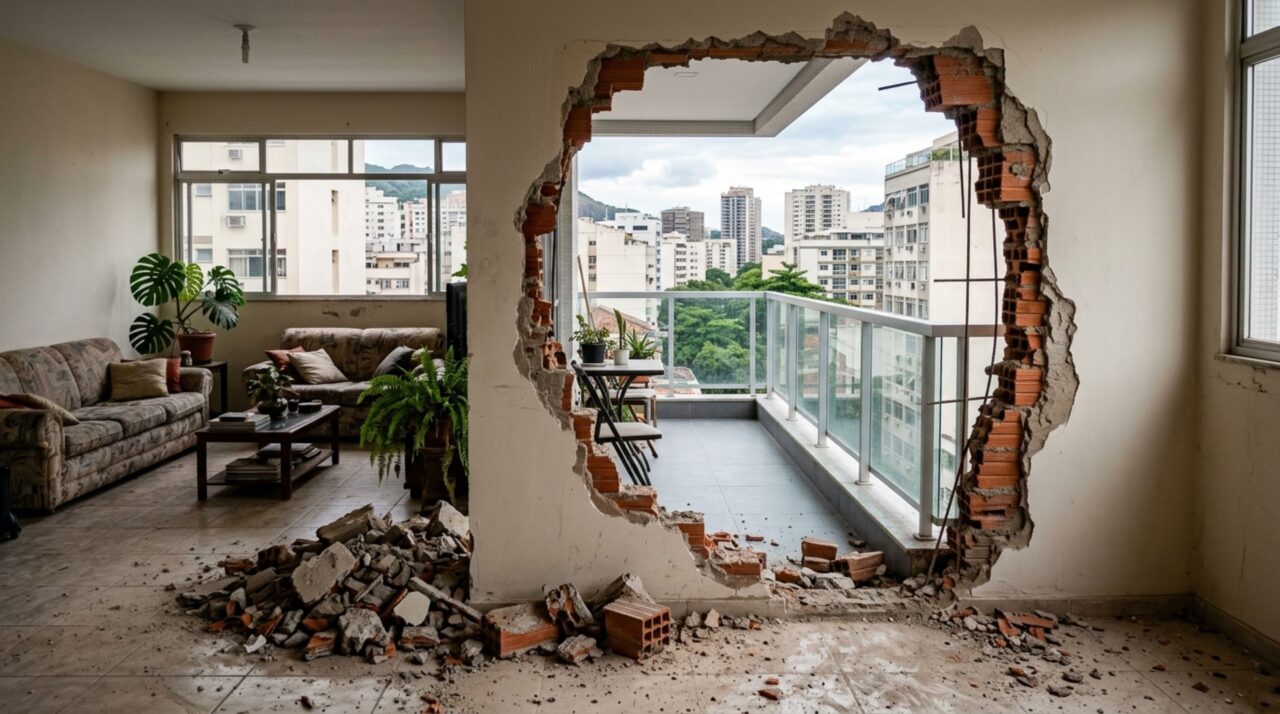 Morador de apartamento remove a parede da varanda para ampliar a sala, e o síndico aparece com a convenção e a norma técnica que exigem laudo e aprovação
