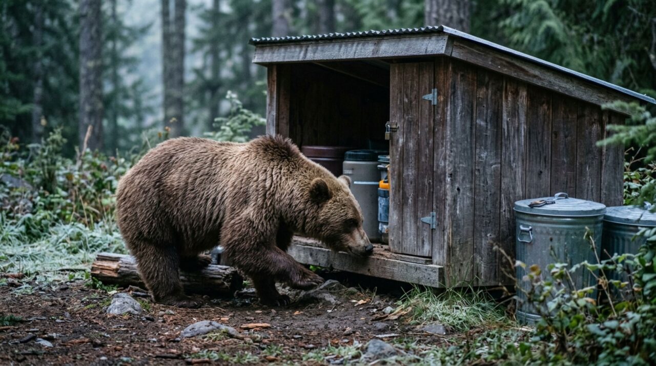 Toda madrugada durante um mês, cozinheira de um acampamento encontra o cadeado do depósito coberto de marcas de lama e descobre um urso-pardo rondando a porta, até que a comida é transferida para armários metálicos