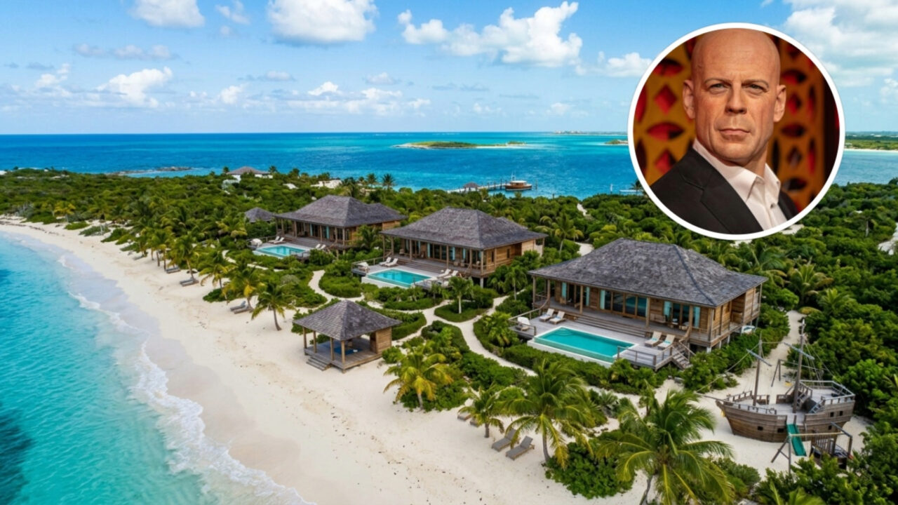 Bruce Willis comprou 7,3 acres em Parrot Cay em 2000; ao longo de quatro anos, construiu três casas, quatro piscinas e um pavilhão de yoga à beira-mar antes de vender o complexo caribenho por 27 milhões de dólares em 2019