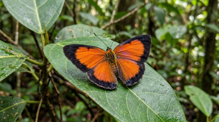 Hypochrysops borneensis destaca-se entre as borboletas-joia por suas asas laranja com margens pretas
