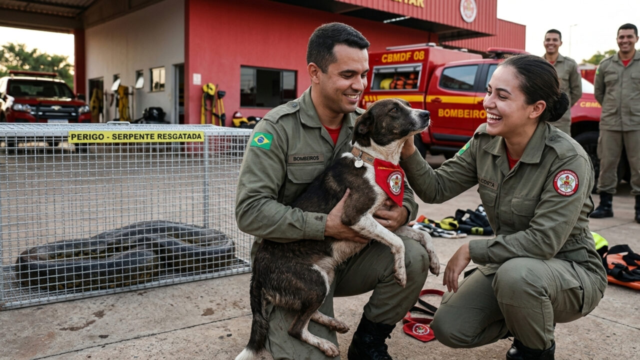 Cadela resiste a abraço mortal de sucuri após ser resgatada por bombeiros e vira xodó da Corporação