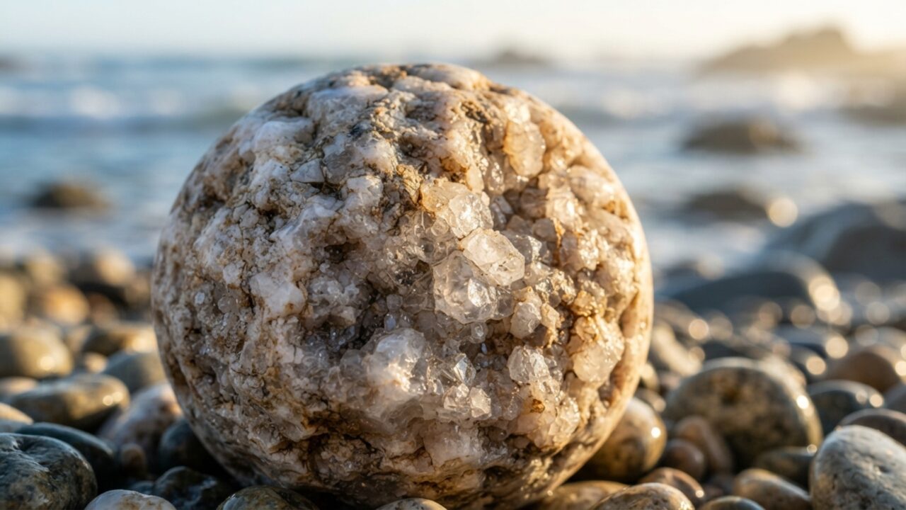 Uma praia parece coberta por ovos de pedra perfeitamente redondos porque concreções mais resistentes ficaram para trás enquanto a rocha ao redor era destruída pela erosão