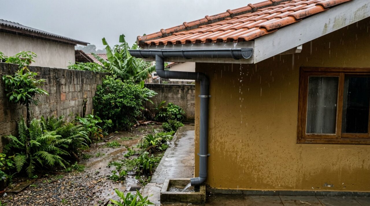 Casal retorna do fim de semana e descobre cobertura avançando sobre a divisa, ele questiona a estrutura depois que a chuva começa a cair em seu quintal