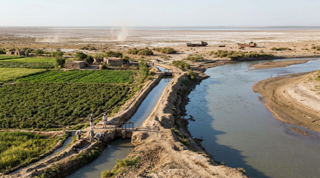 O desvio do Amu Darya e do Syr Darya para a agricultura reduziu a entrada de água no lago e acelerou a formação do deserto de Aralkum
