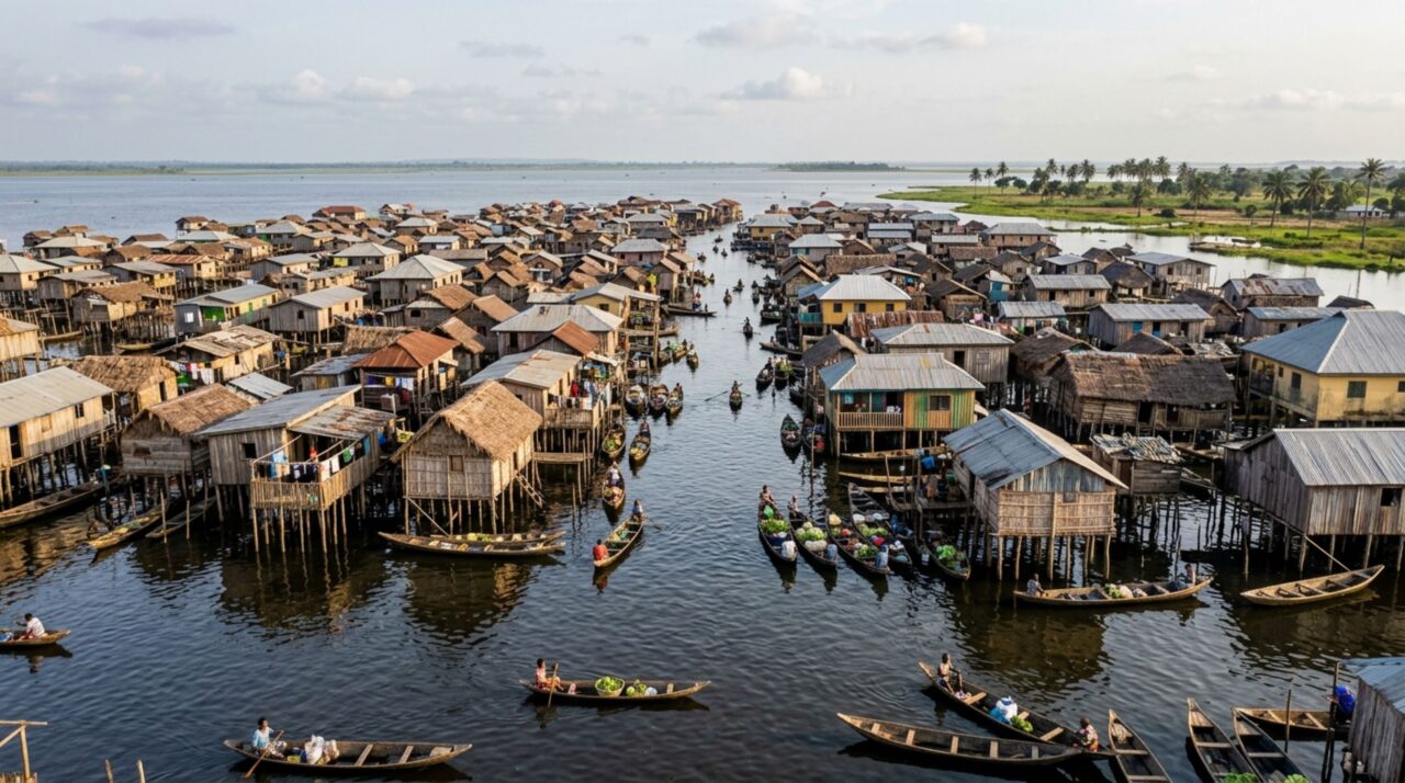 A aldeia construída sobre um lago onde casas, passarelas e espaços comunitários ficam sustentados por milhares de estacas acima da água