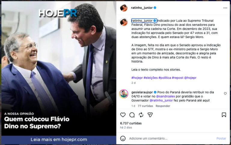 Post de Ratinho Jr sobre Sergio Moro e Flávio Dino