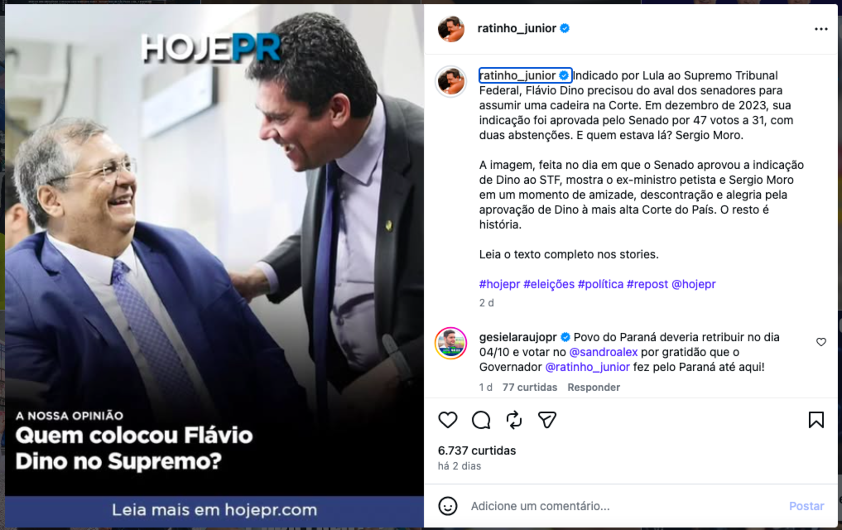 Crusoé: Ratinho Jr. culpa Moro por Dino no STF