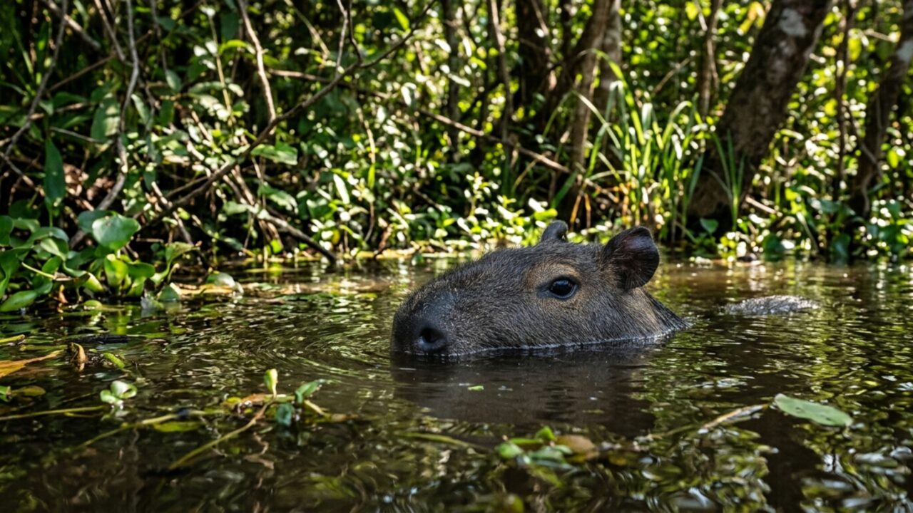 A capivara entra no rio para escapar de um felino e pode acabar justamente no ambiente onde uma cobra de mais de 5 metros leva vantagem