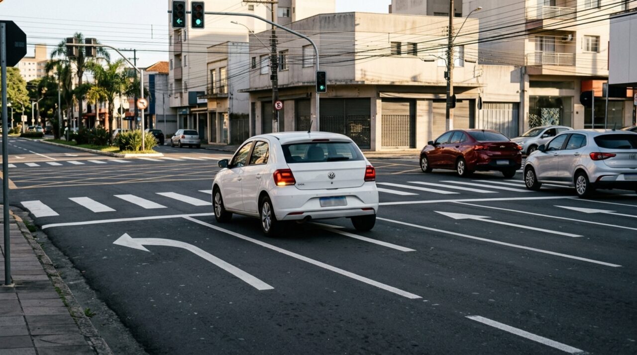 Motorista é multado por dar seta e mudar de faixa no meio do cruzamento e descobre que a manobra é proibida mesmo com sinalização