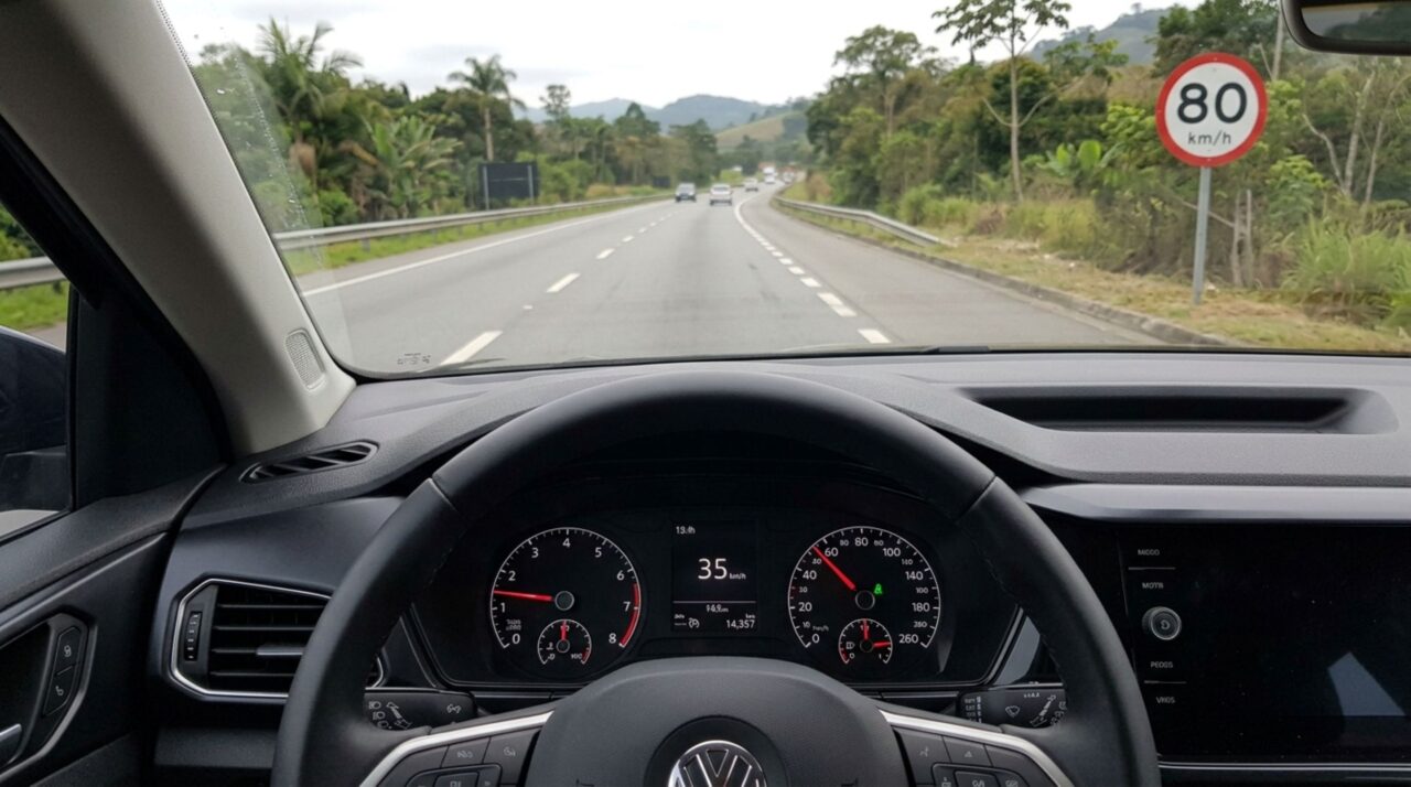 Motorista é parado em blitz por dirigir muito devagar na faixa da esquerda, alega estar com medo do trânsito e fiscalização explica risco de multa por velocidade mínima