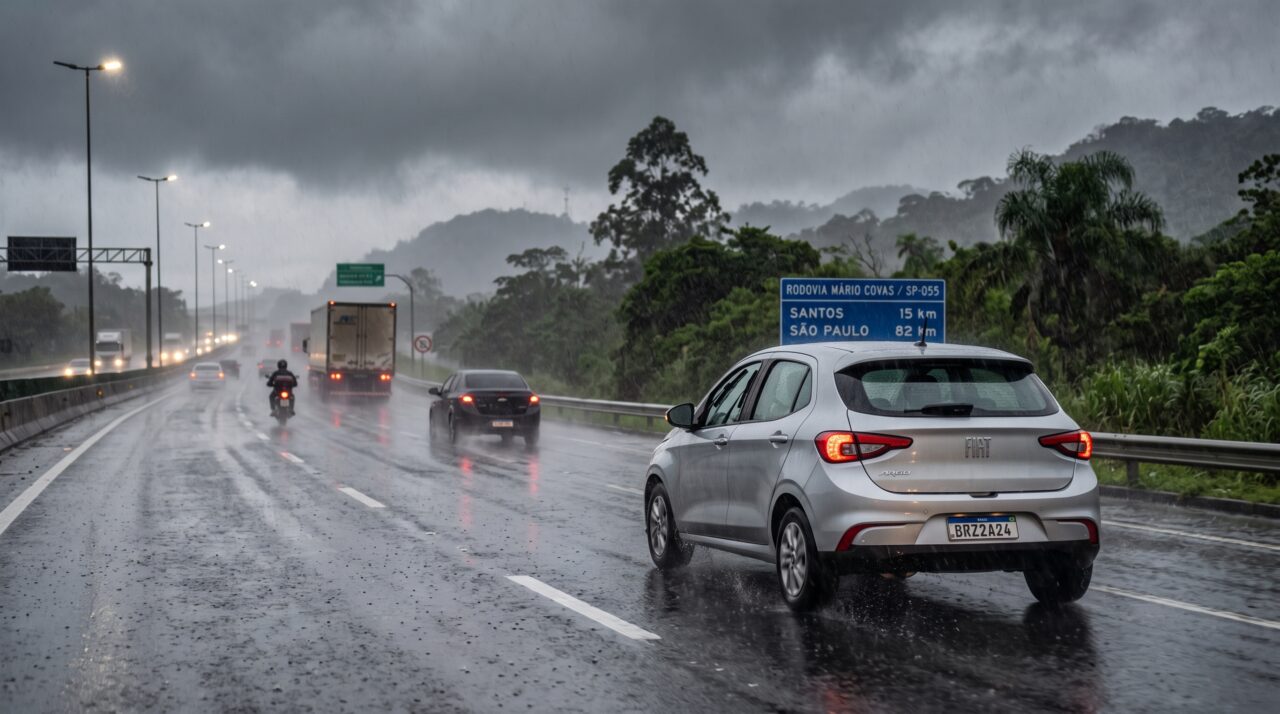 Condutor liga o limpador de para-brisas sob chuva forte na rodovia, esquece de acionar o farol baixo e é flagrado por viatura de fiscalização
