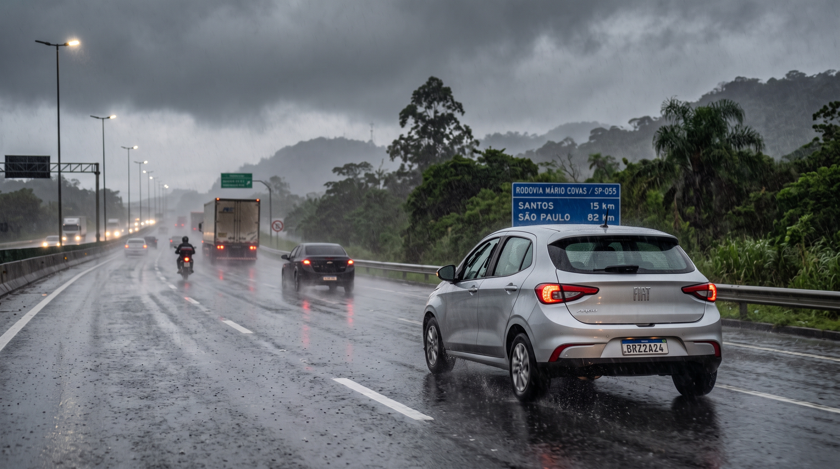 Condutor liga o limpador de para-brisas sob chuva forte na rodovia, esquece de acionar o farol baixo e é flagrado por viatura de fiscalização