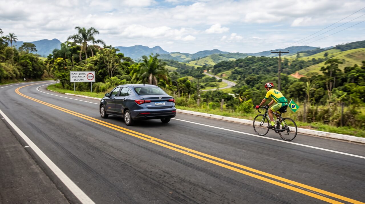 Motorista passa “raspando” em ciclista para não cruzar a linha contínua da pista, assusta o esportista e é multado por não respeitar a distância mínima de segurança