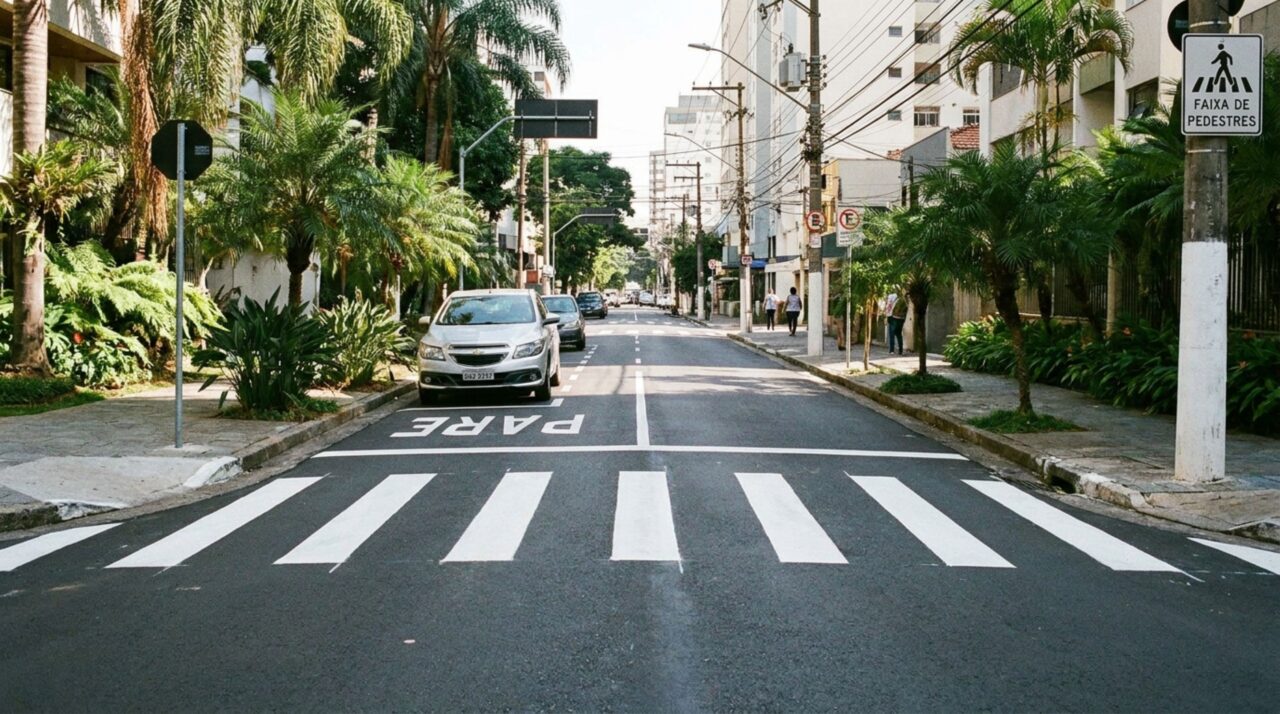 Motorista deixa parte do carro sobre a faixa de pedestres para caber na vaga e pode ser multado mesmo sem bloquear toda a travessia