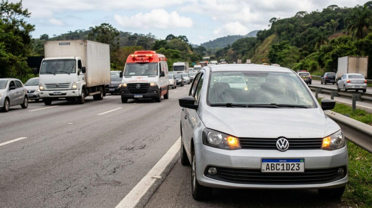 Motorista estaciona no acostamento para fotografar acidente e descobre que ligar o pisca-alerta não autoriza a parada