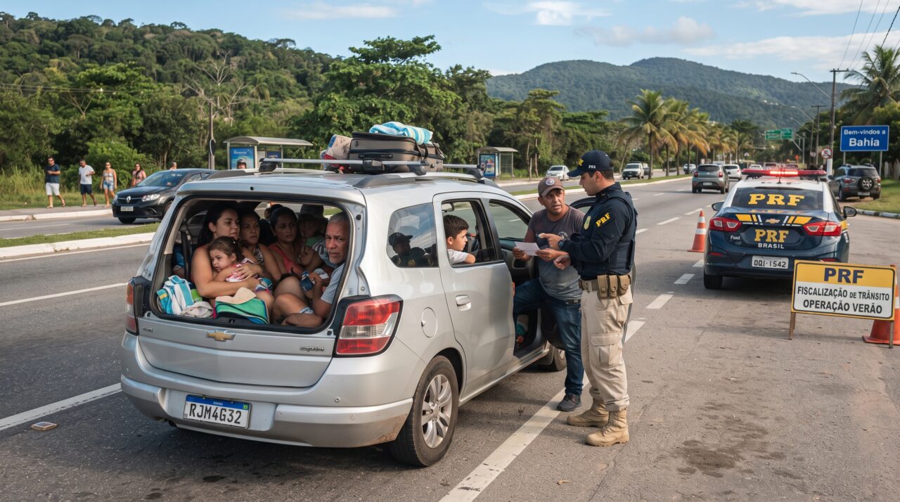Família de seis pessoas decide espremer um parente no banco de trás para economizar com aplicativo de transporte e viagem de férias termina em blitz