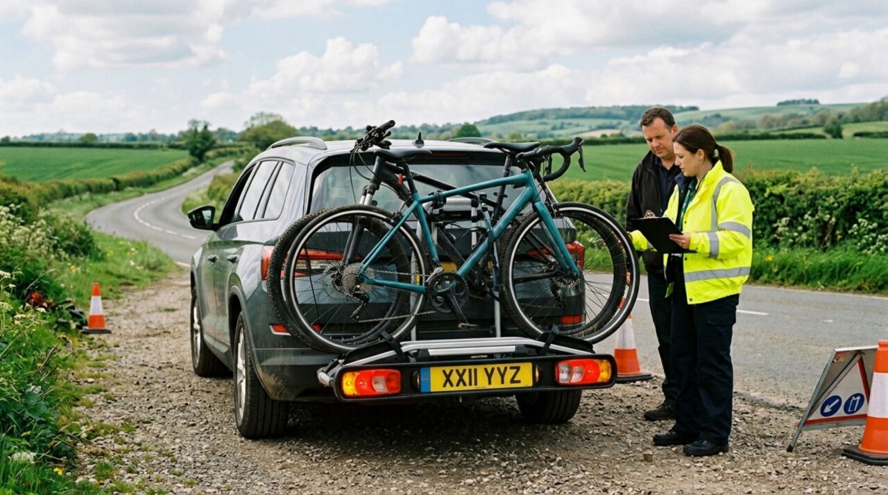 Quando bicicletas encobrem placa ou lanternas, o conjunto precisa de identificação e sinalização complementares