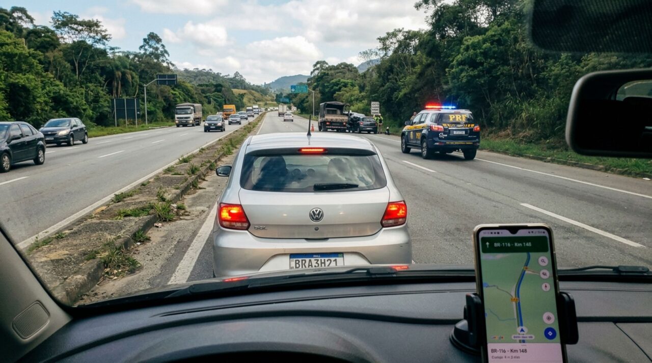 Motorista estaciona no acostamento para fotografar acidente e descobre que ligar o pisca-alerta não autoriza a parada