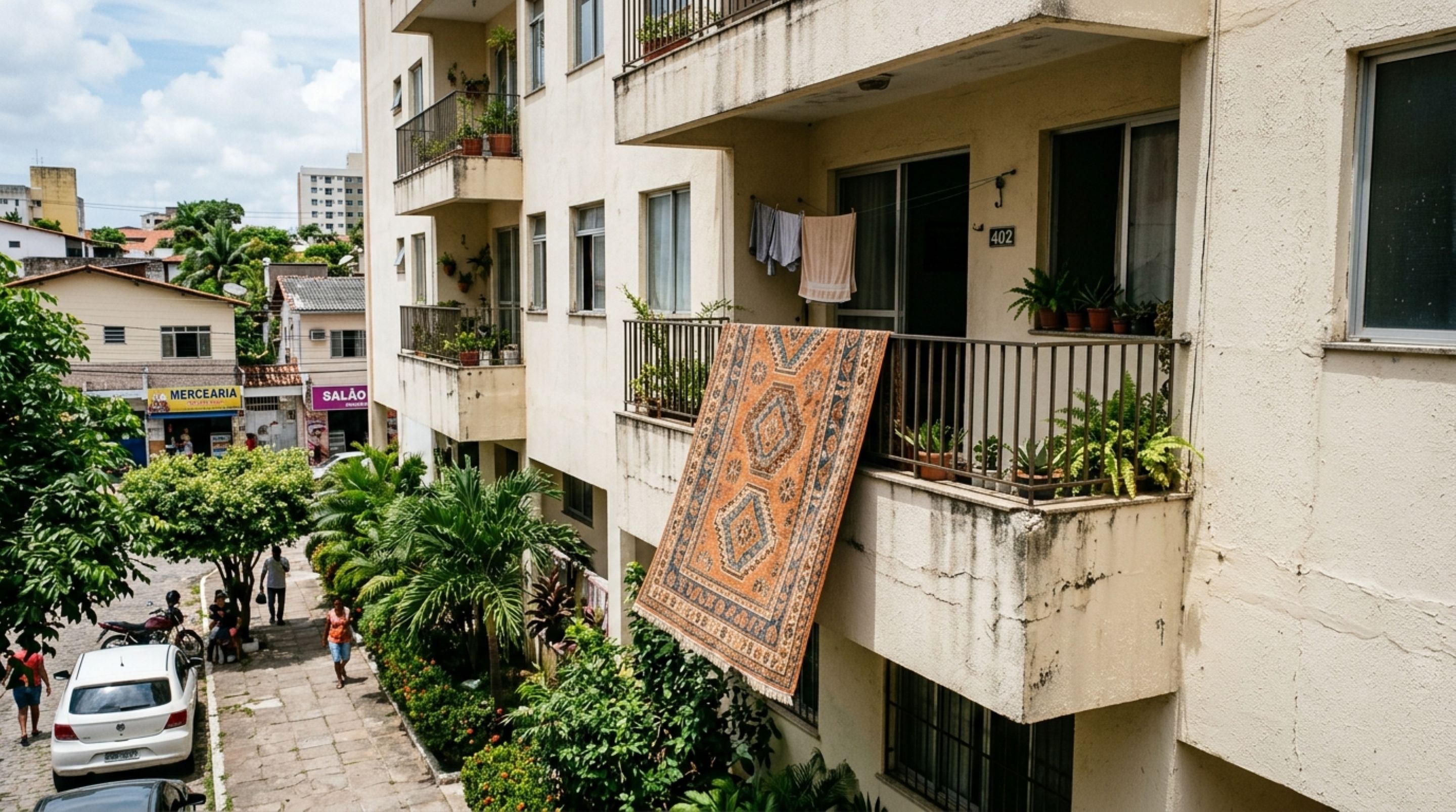 Morador estende tapete no parapeito da varanda e recebe advertência: quando o condomínio pode exigir a retirada?