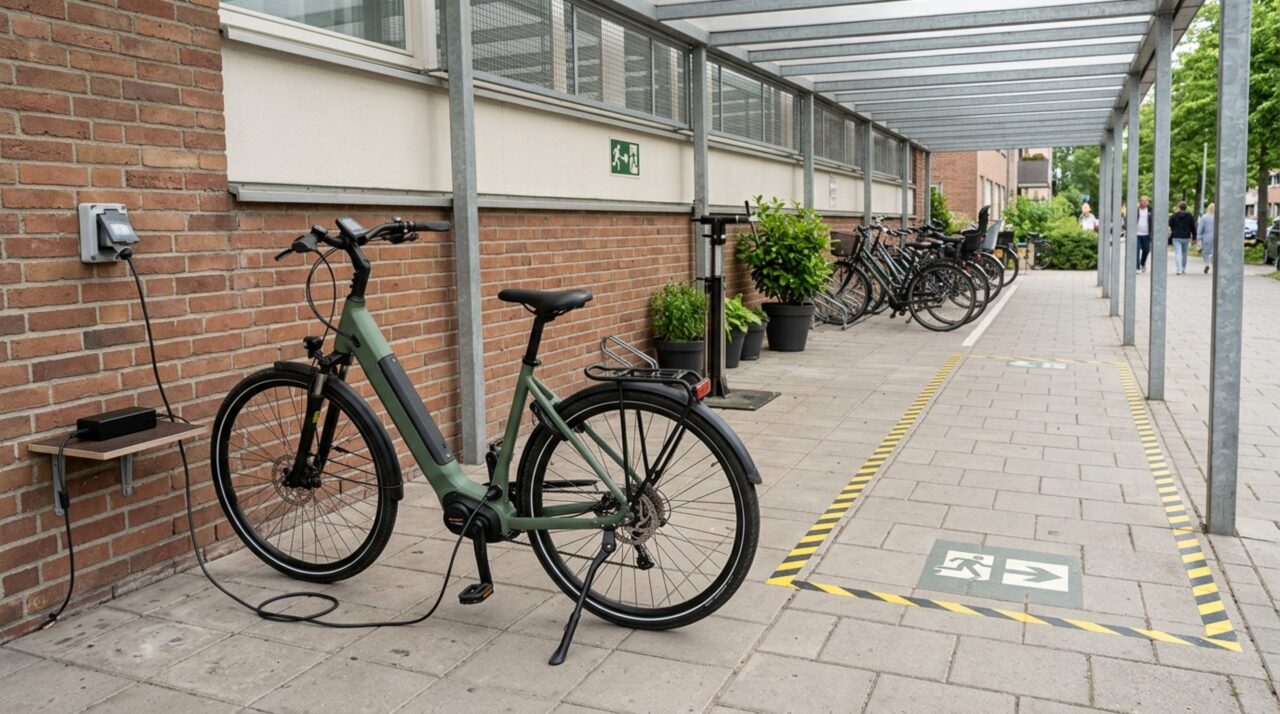 A recarga adequada de bicicletas elétricas deve manter cabos e equipamentos fora da rota de fuga e preservar a circulação de emergência